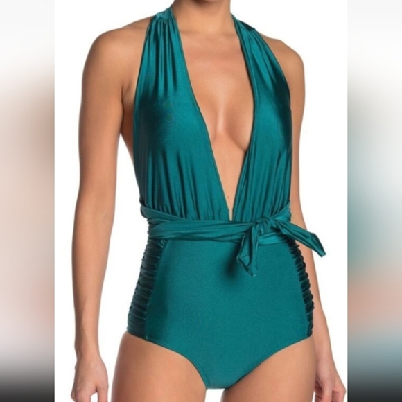 Nicole Miller One Piece Convertible Swim Side Ruching Deep Lake - Picture 1 of 11